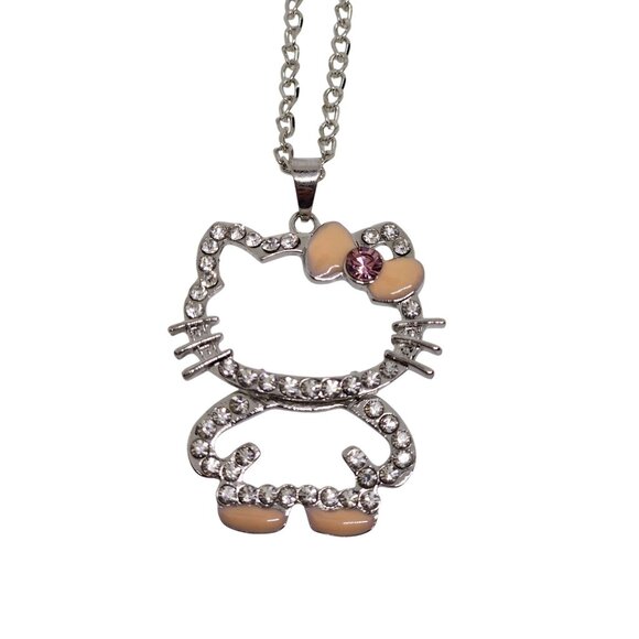 NWT Hello Kitty Rhinestone Pendant Women's Necklace Pink Bow Silver Chain 22" - Picture 1 of 5